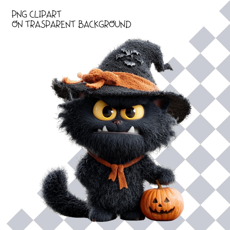 May include: A fluffy black creature with large yellow eyes and sharp teeth, wearing a black witch hat with an orange band and a matching orange scarf. The creature holds a small orange jack-o'-lantern. Text reads PNG CLIPART ON TRASPARENT BACKGROUND.