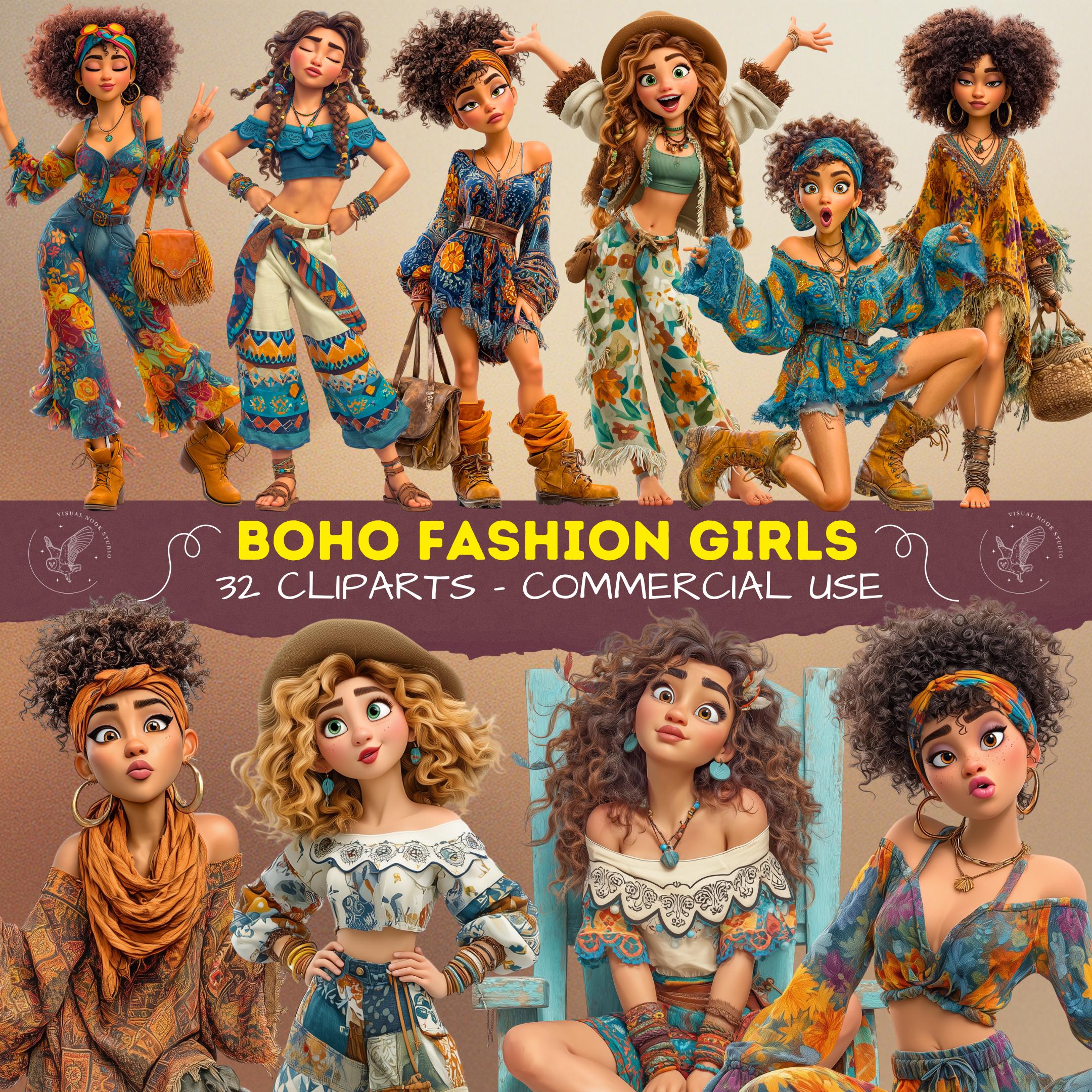 Boho Fashion Girls Clipart, Chic Bohemian Fashion Illustrations for ...