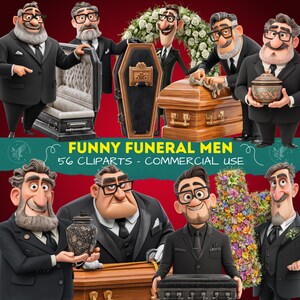 Puede incluir: Una colección digital de 56 ilustraciones clipart con hombres de dibujos animados en trajes negros en un funeral. Las imágenes muestran hombres con gafas y barbas interactuando con ataúdes de madera, arreglos florales y urnas sobre un fondo rojo.