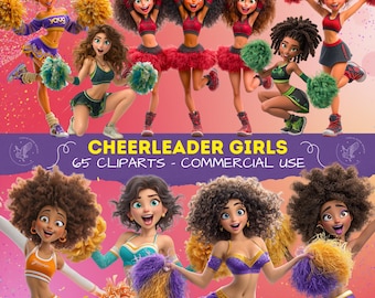 Cheerleader Girls Clipart, Fun Female Cheerleaders Digital Art for DIY Projects, Printables, Junk Journal, Scrapbooking, Sport Women PNG