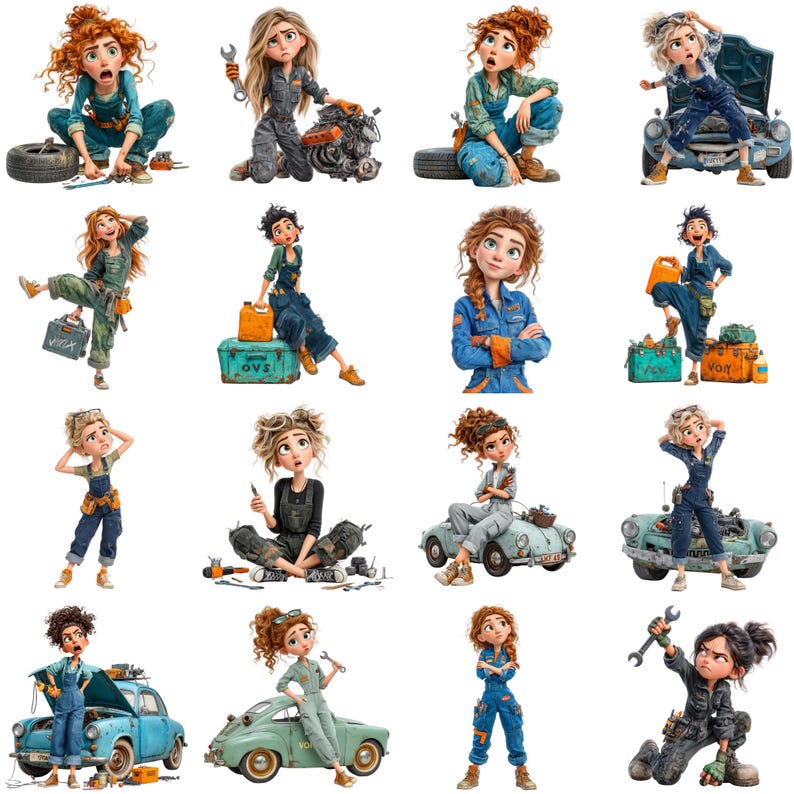 Funny Women Mechanics Clipart, Cute Cartoon Female Car Repair & Garage ...
