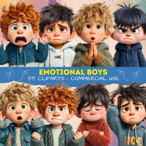 Op de afbeelding: Digitale illustratie met acht cartoonjongens met verschillende uitdrukkingen. De jongens hebben verschillende haarkleuren en dragen truien. De afbeelding bevat de tekst "EMOTIONAL BOYS" en "55 CLIPARTS - COMMERCIAL USE".