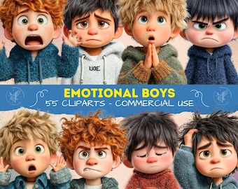 Emotional Boys Clipart, Kids Expressions, Kid Expressive Faces, Digital PNGs for Teaching, Learning, Scrapbooking, Kids Showing Feelings PNG