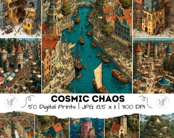 50 Printable Funny Wall Art Illustrations – Whimsical Busy Scene Posters – Puzzle Style Comic Chaos – High-Resolution Digital Art