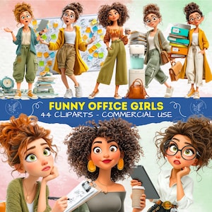 Könnte beinhalten: Digitale Illustration mit sechs Cartoon-Frauen in Bürokleidung. Das Bild enthält den Text "FUNNY OFFICE GIRLS - 44 CLIPARTS - COMMERCIAL USE". Die Frauen sind in verschiedenen Posen, einige halten Kaffeetassen und Akten.