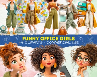 Funny Office Girls Clipart Set, Cute Working Women, Office Humor Cartoon Illustrations, Coffee, Computers & Workday Humor Scrapbooking
