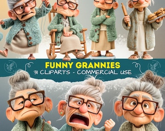 Funny Grannies Clipart, Adorable Cartoon Old Ladies for Digital Downloads, Cartoon Elderly Women Illustrations for Scrapbooking, PNG