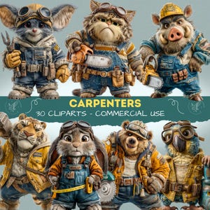 Funny Animal Carpenter Cliparts: Cartoon PNG Images for Scrapbooking (Digital Download), Animal Cliparts - Clipart for Commercial Use