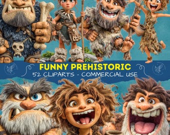 Imágenes prediseñadas de personajes prehistóricos - Imágenes PNG de dibujos animados para scrapbooking (descarga digital) - PNG transparente - Gente de la Edad de Piedra