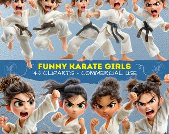 Divertenti clipart di ragazze karateka, simpatica ragazza di arti marziali PNG, karate per bambini, atleta femminile sportiva stravagante per scrapbooking, junk journal