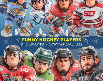 Funny Hockey Players Clipart Set, Humorous Sports Characters for Printables, Scrapbooking, Junk Journal, Planner,Silly and Quirky Hockey PNG