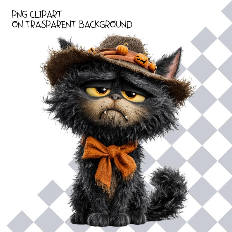 May include: A fluffy black cat with yellow eyes wearing a brown straw hat decorated with small orange pumpkins and a large orange bow around its neck. The cat has a grumpy expression with two small white fangs visible. PNG clipart on transparent background.