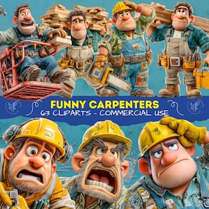 Op de afbeelding: Een digitale illustratie met verschillende cartoon timmerlieden in verschillende poses. De afbeelding bevat de tekst "FUNNY CARPENTERS" en "63 CLIPARTS - COMMERCIAL USE". De personages dragen werkkleding en helmen en gebruiken gereedschap.