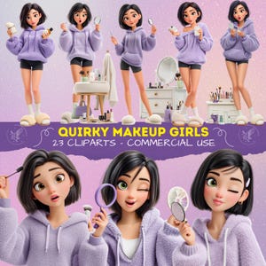 Può includere: Illustrazione digitale di ragazze dei cartoni animati con felpe con cappuccio viola, pantaloncini neri e pantofole. L'immagine include il testo: "Quirky Makeup Girls" e "23 Cliparts - Commercial Use."