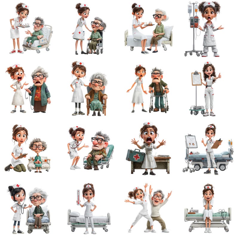May include: A collection of cartoon illustrations depicting nurses caring for elderly patients. The nurses are wearing white uniforms with red crosses, and the patients are in wheelchairs, beds, or using walkers. The illustrations have a warm, inviting color palette.