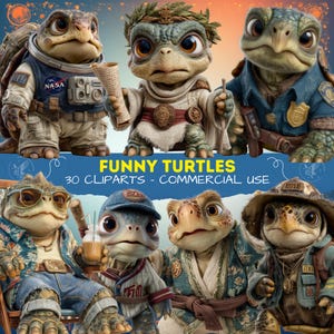 Clipart di tartarughe divertenti: immagini PNG di cartoni animati per scrapbooking (download digitale), junk journal, design per sublimazione, clipart di animali domestici stravaganti