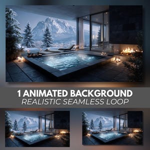 Könnte beinhalten: Ein animierter Hintergrund mit einem luxuriösen Outdoor-Spa mit Bergblick. Der Spa-Bereich ist von schneebedeckten Bäumen umgeben und mit Kerzen beleuchtet. Der Text "1 ANIMATED BACKGROUND REALISTIC SEAMLESS LOOP" ist zu sehen.