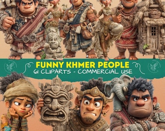 Immagini divertenti di persone Khmer, personaggi cambogiani carini e umoristici, personaggi storici in formato PNG, immagini per scrapbooking, junk journal, cartoni animati popolari