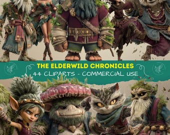 Clipart di The Elderwild Chronicles, personaggi fantasy in formato PNG, creature magiche, foresta incantata, creature del bosco per scrapbooking