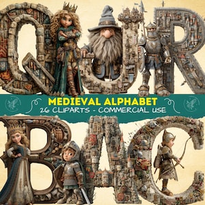 May include: A digital illustration of a medieval alphabet with each letter intricately designed with castle-like structures and characters. The image includes the text "MEDIEVAL ALPHABET - 26 CLIPARTS - COMMERCIAL USE". The letters are decorated with knights, princesses, and wizards.