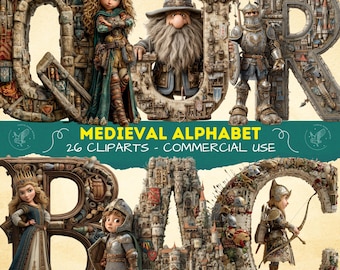 Medieval Script Alphabet Clipart, Fun Old English Letters, Educational PNGs for Kids and Classrooms, Fun Historical Alphabets