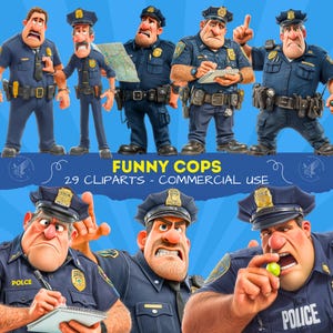 Może przedstawiać: Ilustracje kreskówkowe przedstawiające policjantów w różnych pozach i wyrazach twarzy, ubranych w granatowe mundury i czapki. Obraz zawiera tekst "FUNNY COPS" i "29 CLIPARTS - COMMERCIAL USE" na niebieskim tle.