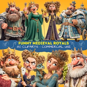 Mittelalterliche Royals Clipart, niedliche Könige, Königinnen, Prinzen und Prinzessinnen PNG für Scrapbooking und Planermacher, keltische Cliparts 300 Dpi