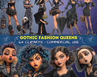 Gothic Fashion Girls Clipart, Dark & Stylish Women PNG Set for Planners, Scrapbooks, Digital Art, Sublimating Design, Junk Journal