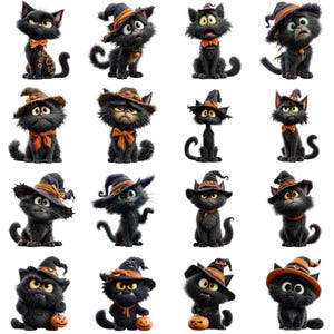 May include: A collection of sixteen illustrations featuring black cats in various poses and expressions. Many cats wear pointed purple and orange witch hats or orange bow ties. Some cats hold small orange pumpkins, while others sit or stand.