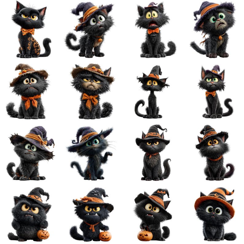 May include: A collection of sixteen illustrations featuring black cats in various poses and expressions. Many cats wear pointed purple and orange witch hats or orange bow ties. Some cats hold small orange pumpkins, while others sit or stand.