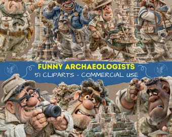 Clipart divertenti di archeologi, PNG di archeologia carini, personaggi di scavo, scavo, fossili, grafica storica, immagini per scrapbooking