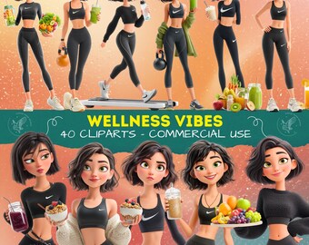 Healthy Fit Girls Clipart, Wellness Vibes Digital Illustrations for Planners, Journals, Scrapbooks and Lifestyle Design, Healthy Women PNG