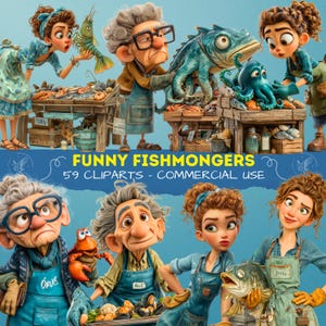 May include: A digital illustration of cartoon fishmongers at a market stall. The image includes the text "FUNNY FISHMONGERS" and "59 CLIPARTS - COMMERCIAL USE". The characters are shown with various seafood.