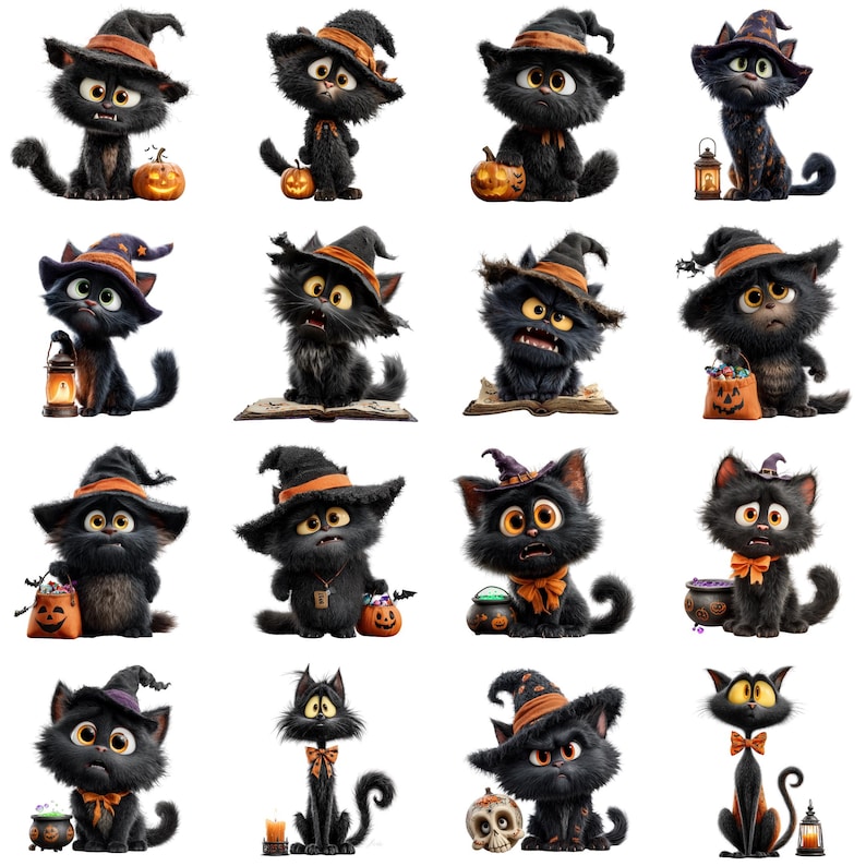 May include: A collection of sixteen illustrations featuring black cats wearing pointed witch hats. The cats are depicted in various poses, some holding lanterns, pumpkins, or cauldrons, and others sitting near open books or skulls, all set against a plain white background.