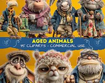 Old Animal Characters Clipart – Humorous Anthropomorphic Animals Digital Art - Whimsical Senior Animal Clipart - Commercial Use PNG