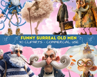 Whimsical Surreal Quirky Old Men Clipart: Mixed Media PNG Images for Commercial Use