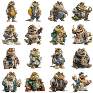 Op de afbeelding: Een verzameling ge&iuml;llustreerde alligators in verschillende outfits en poses. Elke alligator is antropomorf en draagt verschillende kledingstukken zoals jassen, overalls en truien. Sommige alligators houden voorwerpen vast zoals boeken, tassen en voedsel, wat een reeks beroepen en stijlen vertegenwoordigt.