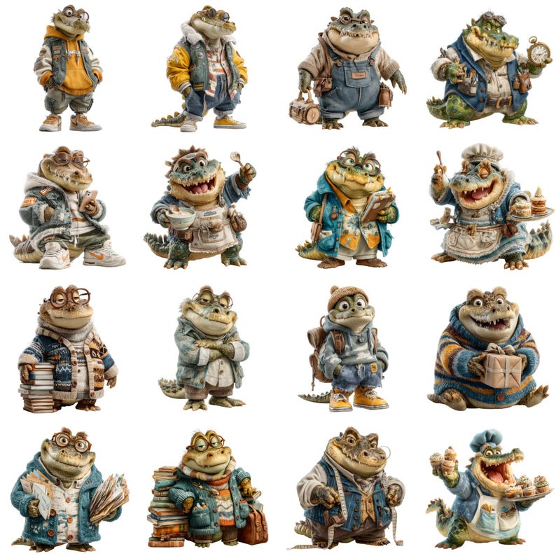 Op de afbeelding: Een verzameling ge&iuml;llustreerde alligators in verschillende outfits en poses. Elke alligator is antropomorf en draagt verschillende kledingstukken zoals jassen, overalls en truien. Sommige alligators houden voorwerpen vast zoals boeken, tassen en voedsel, wat een reeks beroepen en stijlen vertegenwoordigt.