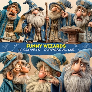 May include: A collection of cartoon wizards with exaggerated expressions and detailed blue robes. The image includes the text "FUNNY WIZARDS - 35 CLIPARTS - COMMERCIAL USE". Each wizard has a long white beard and a pointed hat.