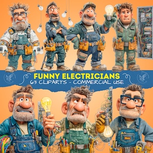 May include: A collection of cartoon images of electricians, each with tools and light bulbs. The images are set against an orange background. Text at the bottom reads "FUNNY ELECTRICIANS 63 CLIPARTS - COMMERCIAL USE."