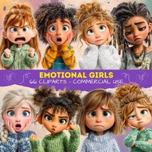 May include: A digital illustration featuring seven cartoon girls with various expressions. The girls are wearing sweaters and tops in shades of green, yellow, and gray. The text "EMOTIONAL GIRLS" and "66 CLIPARTS - COMMERCIAL USE" is displayed on a purple banner.