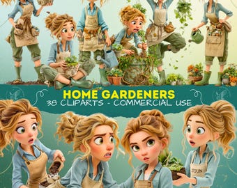 Home Gardeners Clipart, Cute Women Planting and Caring for Houseplants for Planners, Crafts, Scrapbooking, Houseplant Girls PNG