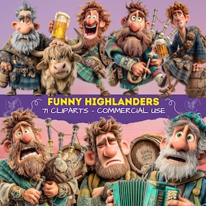 Funny Highlanders Clipart, Cartoon Scottish Men in Kilts, Traditional Folk Highland Outfits for Crafts, Planners, Scrapbooking, 300 Dpi