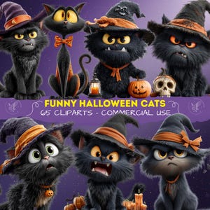May include: A collection of digital illustrations featuring black cats wearing orange and black witch hats, some with pumpkins, skulls, and lanterns. The text reads FUNNY HALLOWEEN CATS 65 CLIPARTS - COMMERCIAL USE against a purple background.