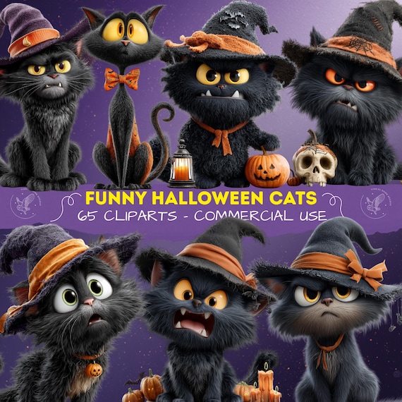 Funny Halloween Cats Clipart Bundle, Spooky Cat PNG, Cute Witch Cat, Horror Cats, Horrofic cats, Scrapbooking Cartoon Scary Pet