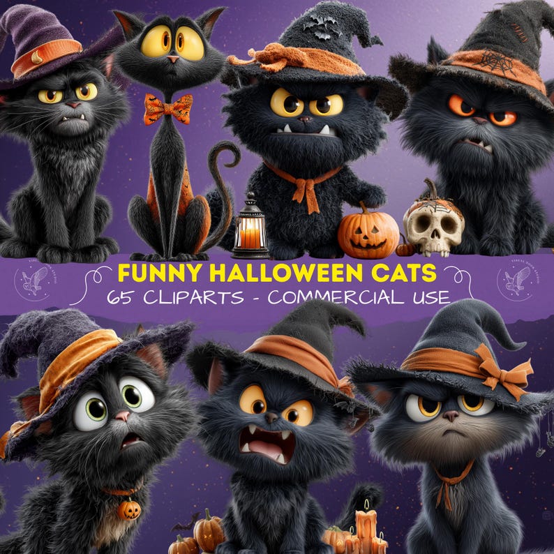 May include: A collection of digital illustrations featuring black cats wearing orange and black witch hats, some with pumpkins, skulls, and lanterns. The text reads FUNNY HALLOWEEN CATS 65 CLIPARTS - COMMERCIAL USE against a purple background.