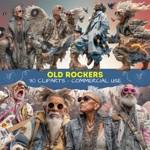 Imágenes prediseñadas de rockeros veteranos: divertidas y originales imágenes PNG de músicos mayores. Descarga digital de abuelos rockeros vintage. Licencia comercial.