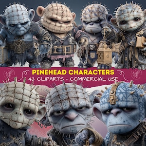 May include: A collection of six stylized, anthropomorphic figures with blue and tan skin, adorned with metal pins and chains. The figures are dressed in dark, gothic-inspired clothing. The image includes the text "PINEHEAD CHARACTERS - 42 CLIPARTS - COMMERCIAL USE."
