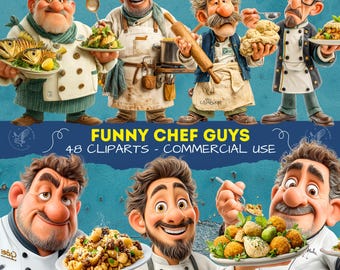 Funny Chef Guys Clipart, Funny Cartoon Chefs, Cooking Characters for Designs, Cute Kitchen Cartoons PNG for Scrapbooking