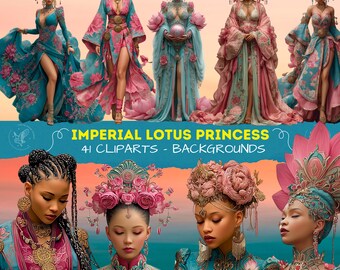 Fantasy Lotus Queen Clipart PNG, Royal Princess Floral Illustrations, Pink Teal Magical Graphics for Scrapbooking + Backgorunds, 300 DPI